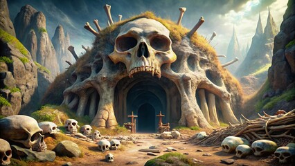Obraz premium A giant cyclops’ cave, bones scattered around a massive entrance