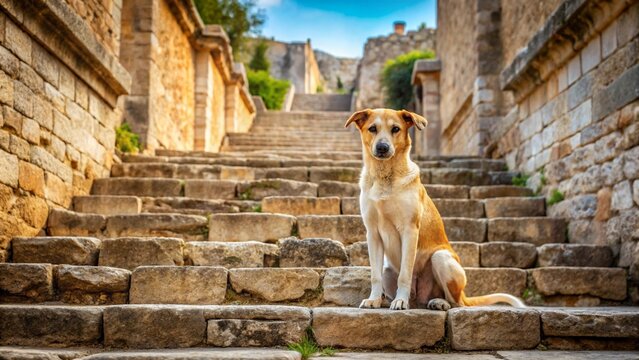 A dog waiting at the foot of an ancient stone staircase, symbolizing Argos