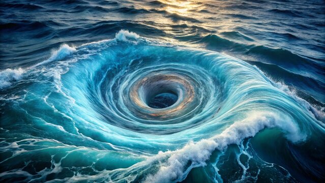 A mystical whirlpool forming a vortex in the sea, symbolizing Charybdis