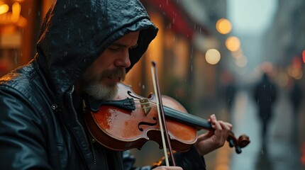 Fototapeta premium Emotional Street Musician Playing Violin in the Rain