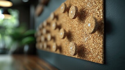 Close-up of a textured cork board with round pegs, set in a cozy indoor space with greenery