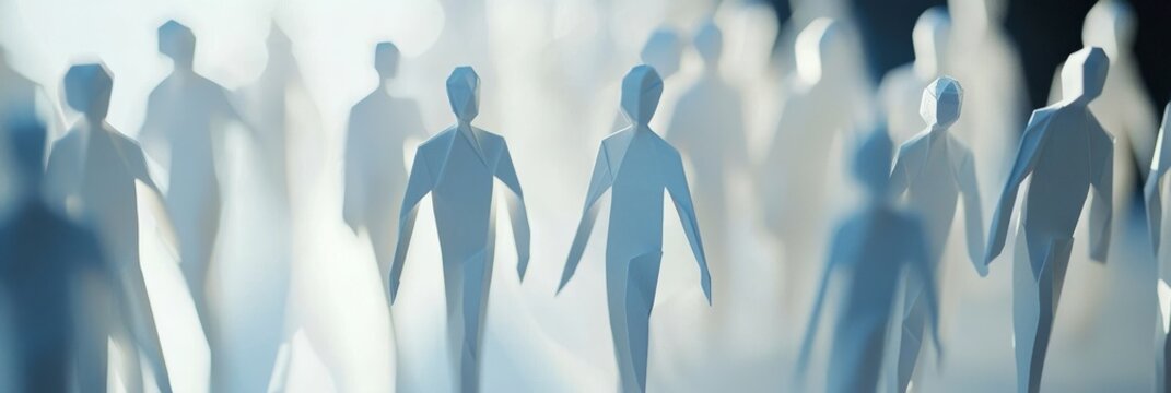 A stunning arrangement of white silhouettes of paper figures, artistically presented, symbolizing human connection and emotion with a dreamlike background of soft light.
