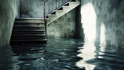 Flooded basement stairs, damp interior, sunlight through walls