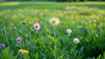 Isolated wildflower amidst a lush green meadow