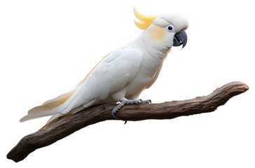 Sulphur-crested Cockatoo perched on branch, isolated, white background, wildlife