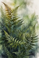 Ferns with a blurred background in watercolor style