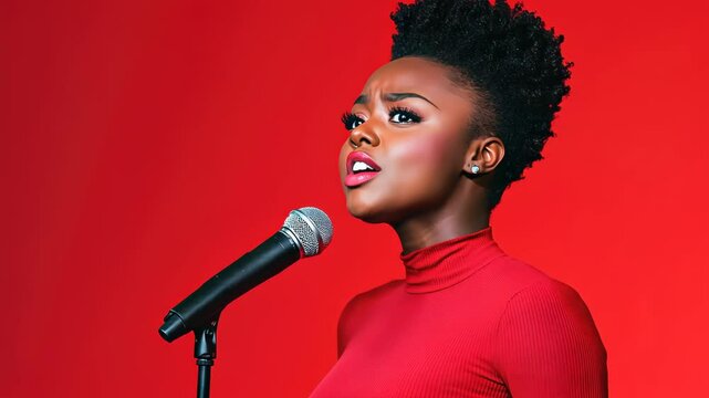 Confident Singer Performing Against Vibrant Red Backdrop Highlighting Cleft Palate Awareness and Empowerment in Artistic Expression and Overcoming Challenges in Vocal Performance