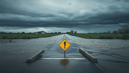 Flooded Country Road Under Stormy Sky