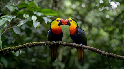 Two Colorful Parrots Sharing Fruit On A Branch