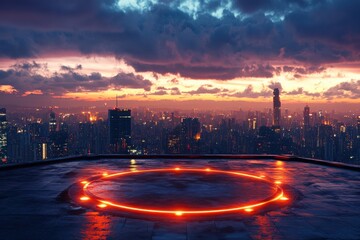 Urban Rooftop View with Neon Circle at Dusk Overlooking City Skyline with Dramatic Clouds