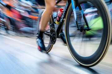 Close-up of a cyclist pedaling on a road bike in motion, highlighting speed and energy, Generative AI