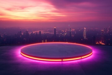 Futuristic Circular Platform with Neon Lights Overlooking Cityscape at Dusk