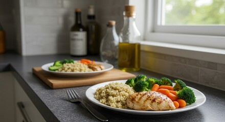 Preparing Healthy Chicken and Quinoa Meal with Vegetables in Modern Kitchen