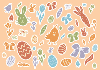 Stickers de Pâques avec œufs, lapins, poussin, carottes, tulipes et rubans © Studioliloug