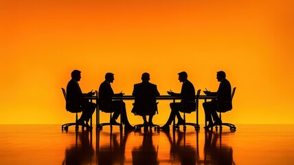 Naklejka premium Silhouetted business meeting against vibrant orange backdrop