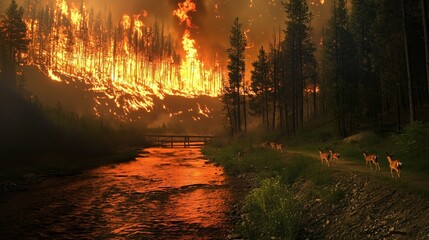 A forest fire in the background with deer in the foreground