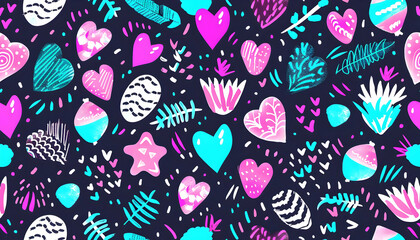 A vibrant pattern featuring hearts, plants, and abstract shapes in bright colors.