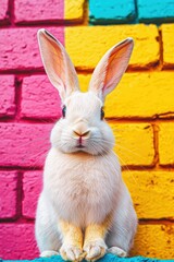 Joyful easter rabbit portrait against colorful wall