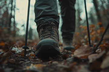 Close-up of hiker's legs walking through a forest trail during spring with trekking poles, Generative AI