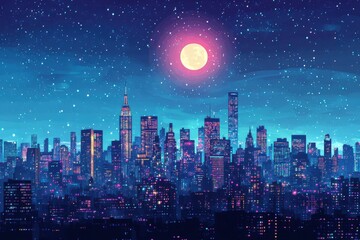 Fototapeta premium Vibrant City Skyline at Night Under a Full Moon with Bright Stars and Colorful Lights