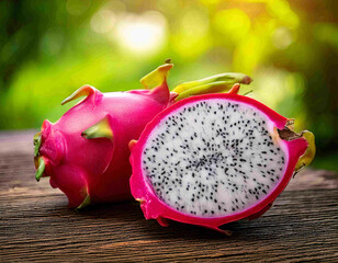 A whole and sliced dragon fruit looks fresh against a natural outdoor background.