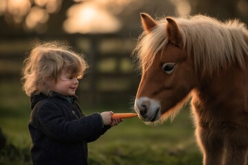 Young child joyfully feeds a carrot to a friendly pony in a sunny pasture, showcasing a tender moment of connection between human and animal