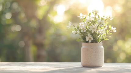 White flowers in vase, sunlit garden, peaceful scene, greeting card