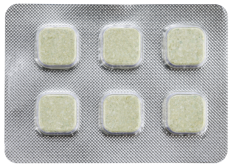 Square green tablets in a blister pack isolated on a transparent background. Top view.