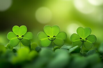 Happy clovers smiling in green nature with soft sunlight shining through foliage