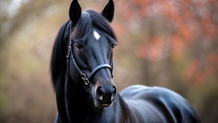 Obraz premium Majestic black horse in elegant blurred background