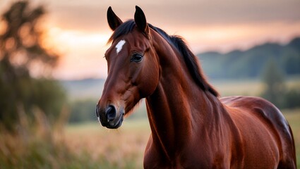 Fototapeta premium Majestic brown horse in serene natural landscape