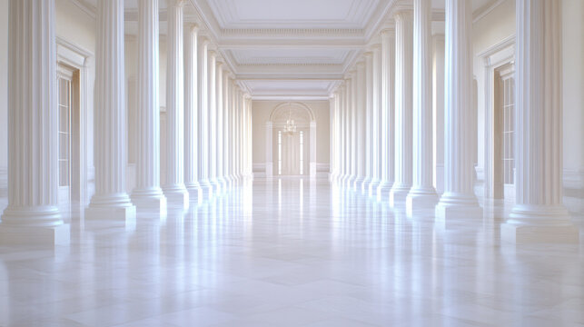 Elegant neoclassical hallway with grand columns in soft light reflecting marble floor