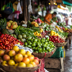 Vibrant market: A bustling market stall brimming with a vibrant array of fresh produce. The scene captures the lively atmosphere, showcasing colorful fruits, vegetables.