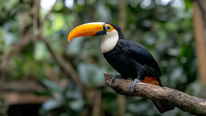 Naklejka premium Toucan perched on branch, rainforest background, wildlife photography, nature poster (1)