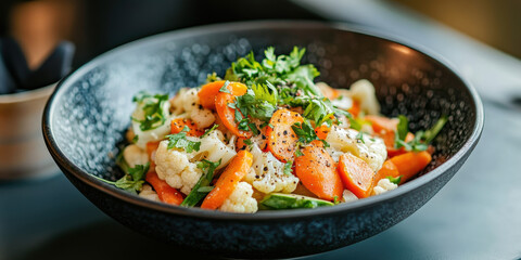 Fresh vegetable salad with cauliflower and carrots in a black bowl garnished with parsley healthy vegetarian dish