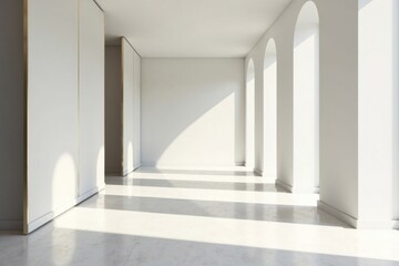 Sunlit minimalist interior hallway with arched windows and sleek white panels