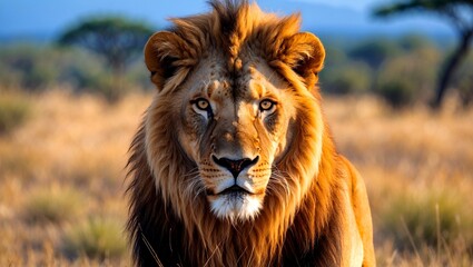Fototapeta premium Majestic lion gazing intently in the savanna