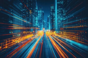 Neon Cityscape Night Scene with Motion Blur from Speeding Traffic in Urban Environment