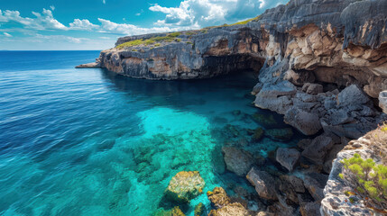 Obraz premium serene coastal cliff with hidden cove and crystal clear water