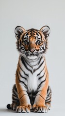 Fototapeta premium Young tiger cub sitting quietly with bright blue eyes and striking fur pattern in a neutral setting