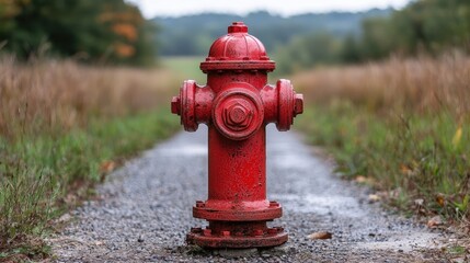Bright red fire hydrant stands prominently on a gravel path surrounded by tall grass and trees