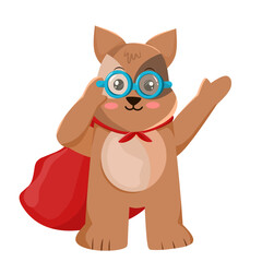 Cartoon illustration of a puppy superhero with glasses and a red cape on his back