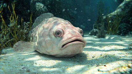 A realistic underwater image of a blobfish resting on the ocean floor.