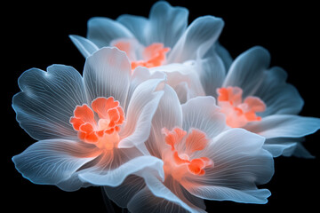 Ethereal white flowers with translucent petals against dark background illuminating elegant surreal beauty