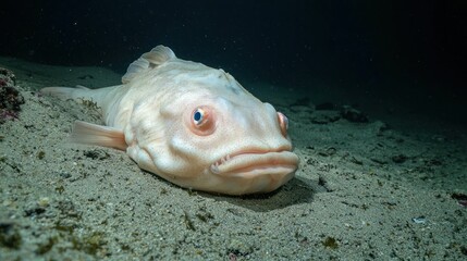 A realistic underwater image of a blobfish resting on the ocean floor.
