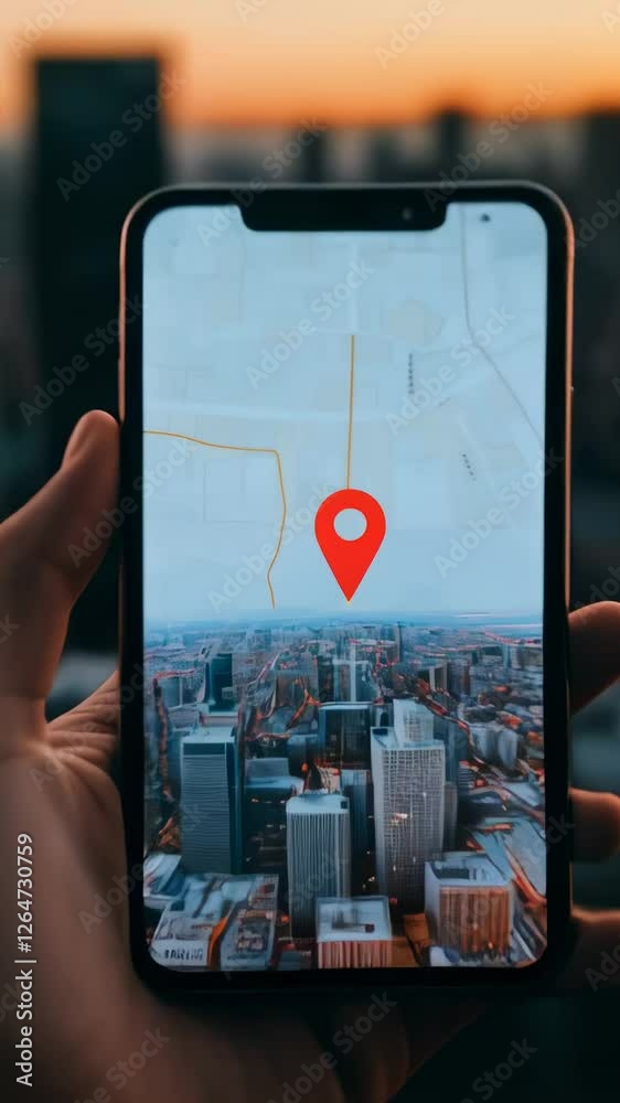 Poster Navigation map displayed on smartphone screen, tracking location pin over urban cityscape during golden sunset lighting, gradually zooming into geographical details