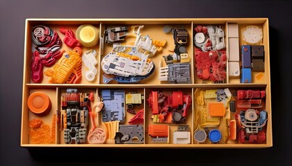 Fototapeta premium Organized Tray of Assorted Mechanical and Electronic Parts in a Workshop Setting