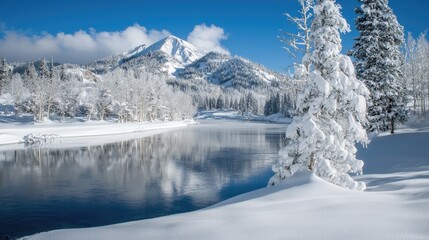 Obraz premium Snowy Mountain Lake Reflection, Winter Scenery, Peaceful Landscape, Possible use Stock Photography
