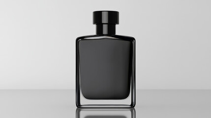 Black Perfume Bottle Mockup:  A sleek, rectangular black glass perfume bottle with a black cap sits on a reflective surface, ready for your design or branding.