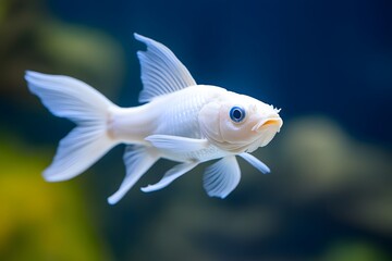 Fototapeta premium White Koi fish swimming aquarium, underwater plants background, pet